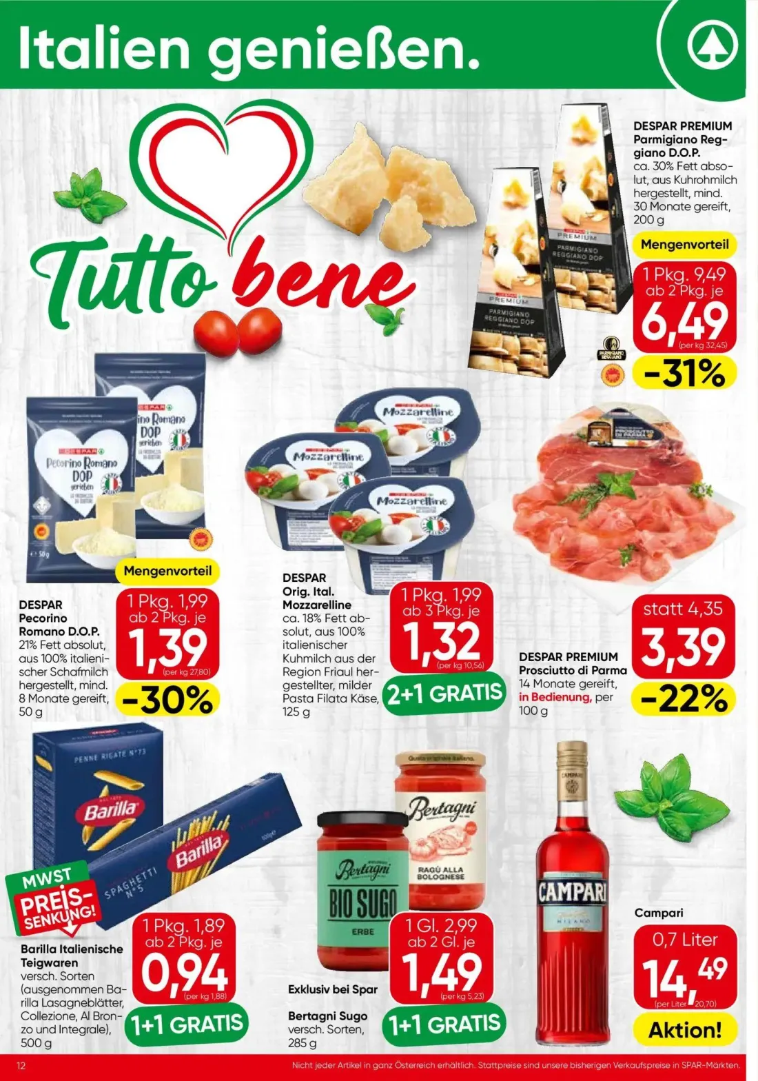 Spar Prospekt, Seite 12 von 16 — DESPAR PREMIUM Parmigiano Reggiano D.O.P., Bertagni Sugo, DESPAR PREMIUM Prosciutto di Parma