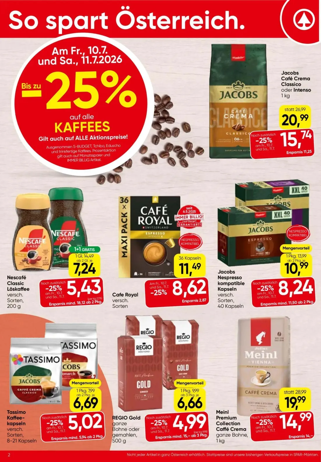 Spar Prospekt, Seite 2 von 16 — Meinl Premium Collection Caffé Crema ganze Bohne, Jacobs Café Crema Classico oder Intenso, N…