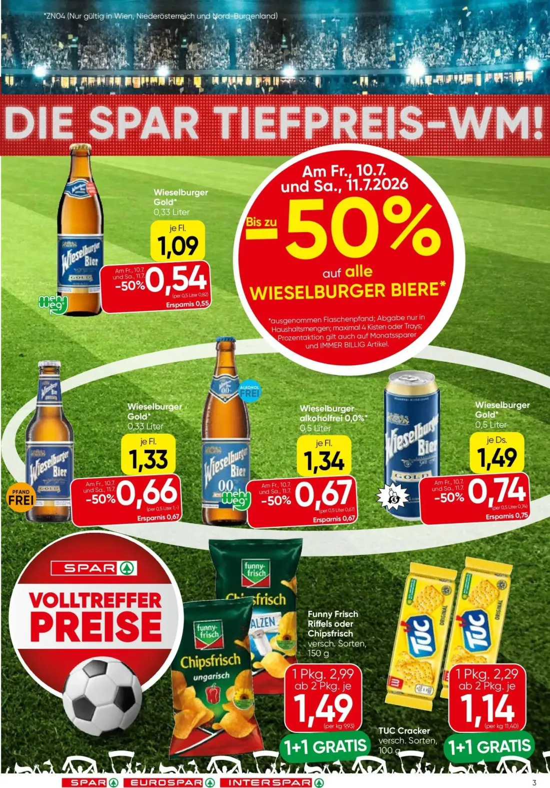 Spar Prospekt, Seite 3 von 16 — Funny Frisch Riffels oder Chipsfrisch, TUC Cracker, Wieselburger Gold