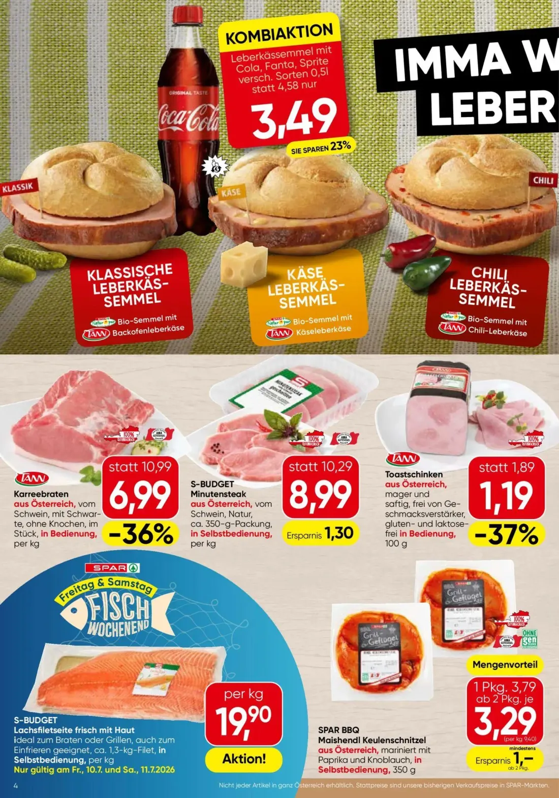 Spar Prospekt, Seite 4 von 16 — Karreebraten aus Österreich, vom Schwein, mit Schwarte, ohne Knochen, im Stück, in Bedienung…