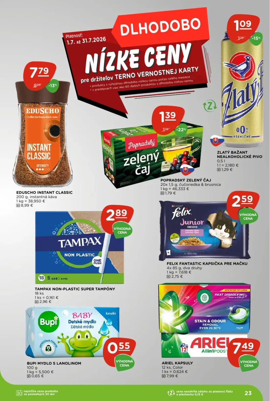 Terno leták, strana 23 z 29 — ARIEL KAPSULY, BUPI MYDLO S LANOLINOM, TAMPAX NON-PLASTIC SUPER TAMPÓNY