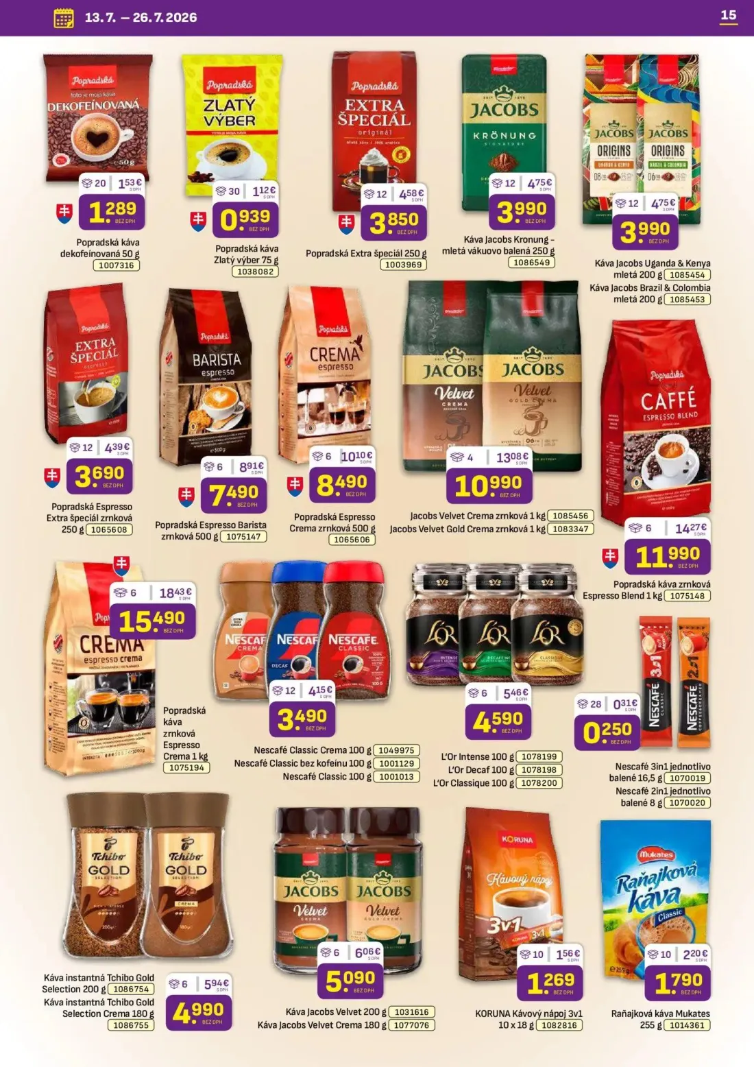 Libex leták, strana 15 z 36 — Popradská káva zrnková Espresso Crema, Popradská káva zrnková Espresso Blend, Jacobs Velvet Cr…