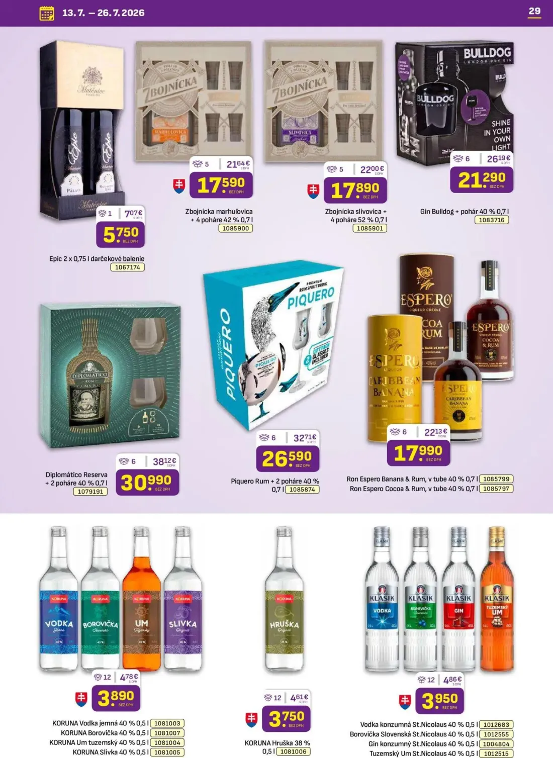 Libex leták, strana 29 z 36 — Diplomático Reserva + 2 poháre, Piquero Rum + 2 poháre, Gin Bulldog + pohár