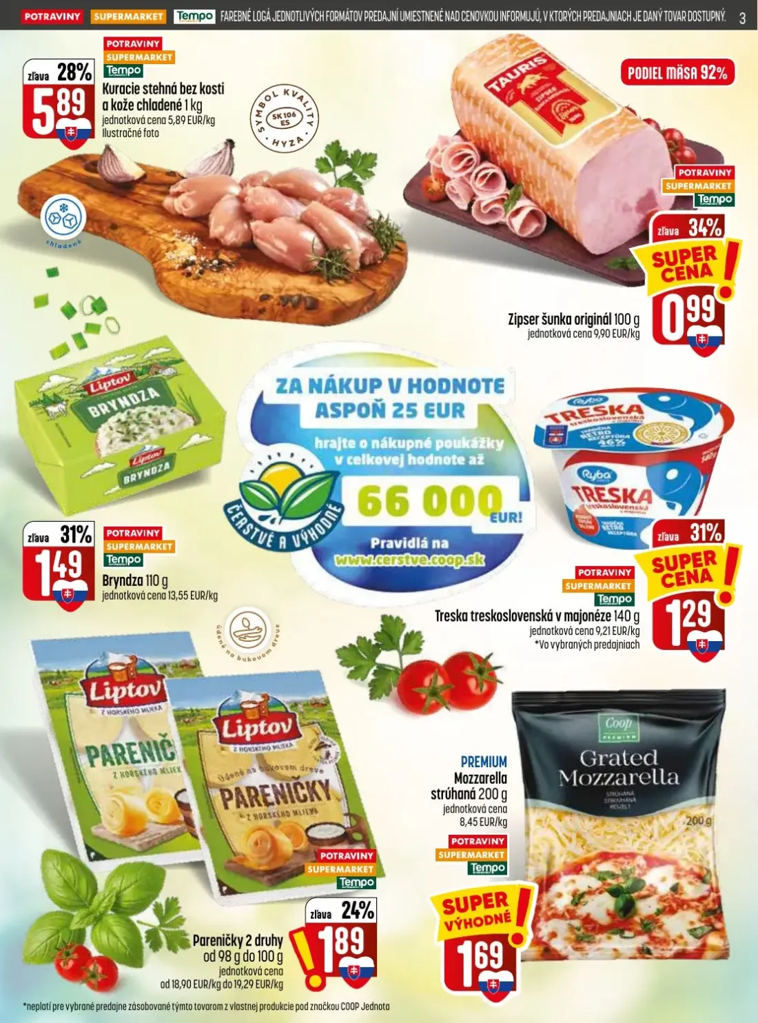 Coop Jednota leták, strana 3 z 32 — Kuracie stehná bez kosti a kože chladené, Bryndza, Treska treskoslovenská v majonéze