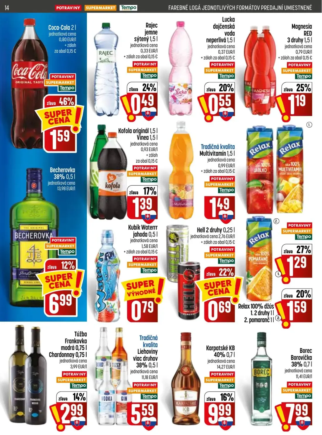 Coop Jednota leták, strana 14 z 32 — Relax 100% džús, Coca-Cola, Rajec jemne sýtený
