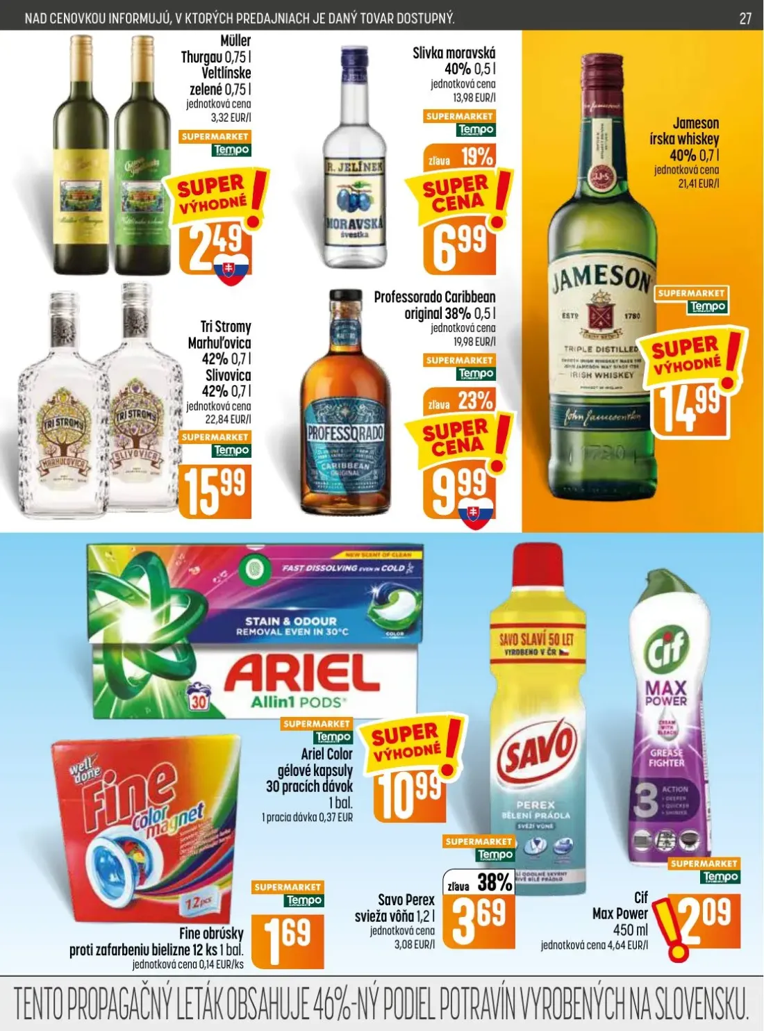 Coop Jednota leták, strana 27 z 32 — Ariel Color gélové kapsuly, Fine obrúsky proti zafarbeniu bielizne, Savo Perex svieža v…