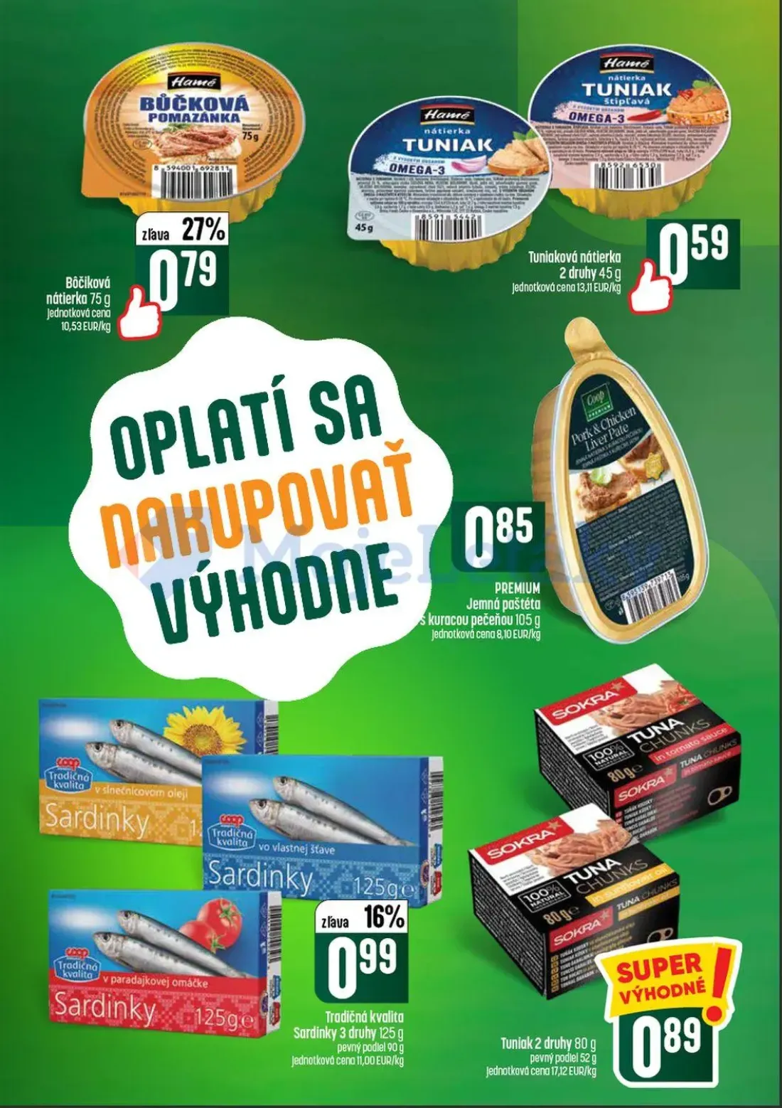 Coop Tempo leták, strana 28 z 56 — Bôčiková nátierka, Tuniaková nátierka, Jemná paštéta s kuracou pečeňou
