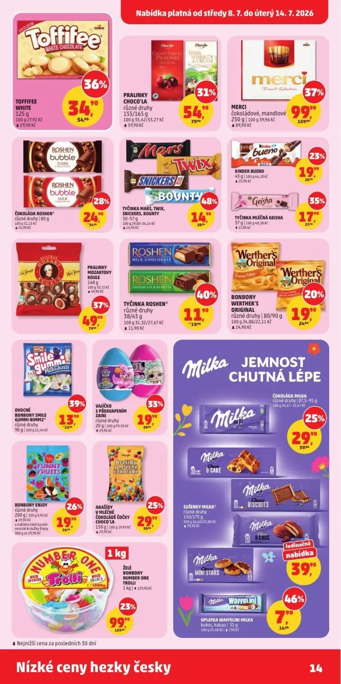 PENNY leták, strana 14 z 35 — MERCI, PRALINKY MOZARTOVY KOULE, ŽELÉ BONBONY NUMBER ONE TROLLI