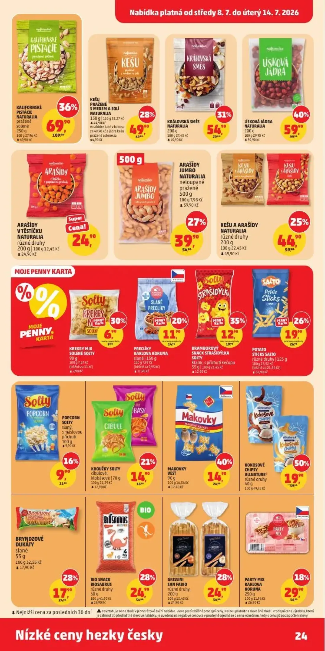 PENNY leták, strana 24 z 35 — KALIFORNSKÉ PISTÁCIE NATURALIA pražené solené, LÍSKOVÁ JÁDRA NATURALIA, KRÁLOVSKÁ SMĚS NATURAL…