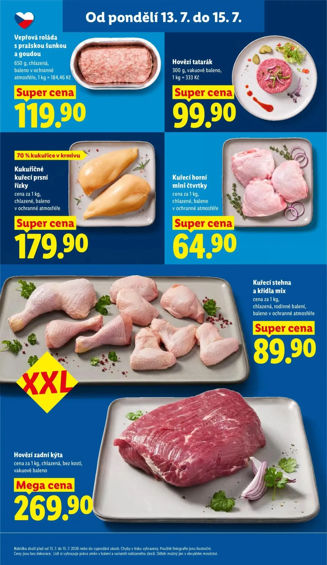 Lidl leták, strana 17 z 49 — Vepřová roláda s pražskou šunkou a goudou, Hovězí tatarák, Kukuřičné kuřecí prsní řízky