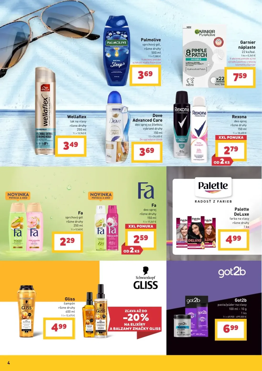 Billa leták, strana 4 z 6 — Palmolive sprchový gél, Garnier náplaste, Wellaflex lak na vlasy