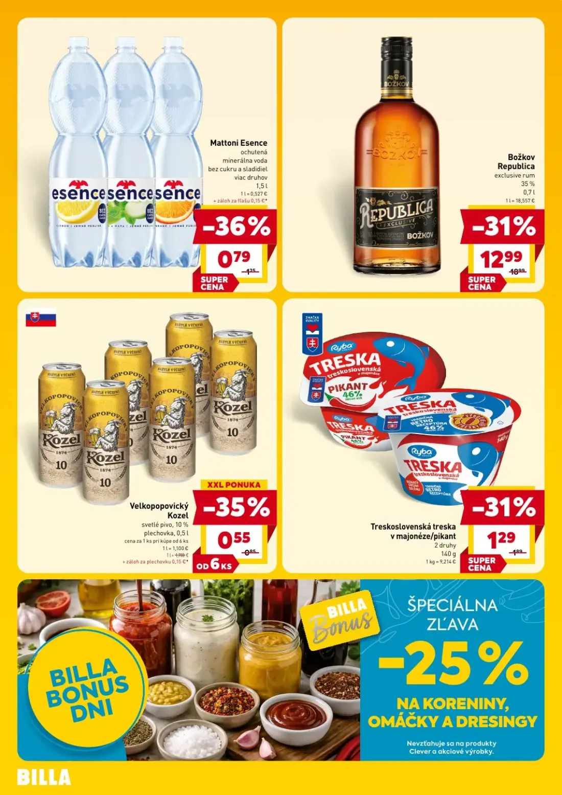 Billa leták, strana 4 z 4 — Božkov Republica exclusive rum, Treskoslovenská treska v majonéze/pikant, Mattoni Esence ochuten…