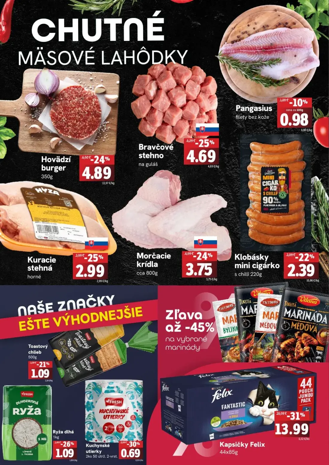 Fresh leták, strana 2 z 4 — Hovädzí burger, Bravčové stehno, Klobásky mini cigárko