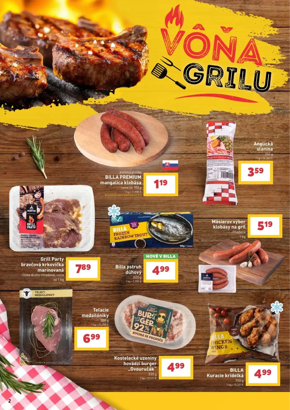 Billa leták, strana 2 z 36 — BILLA PREMIUM mangalica klobása, Anglická slanina, Grill Party bravčová krkovička marinovaná