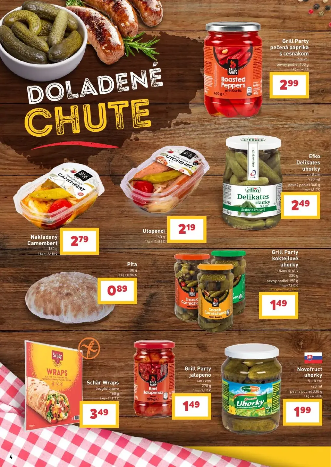 Billa leták, strana 4 z 36 — Grill Party pečená paprika s cesnakom, Nakladaný Camembert, Utopenci