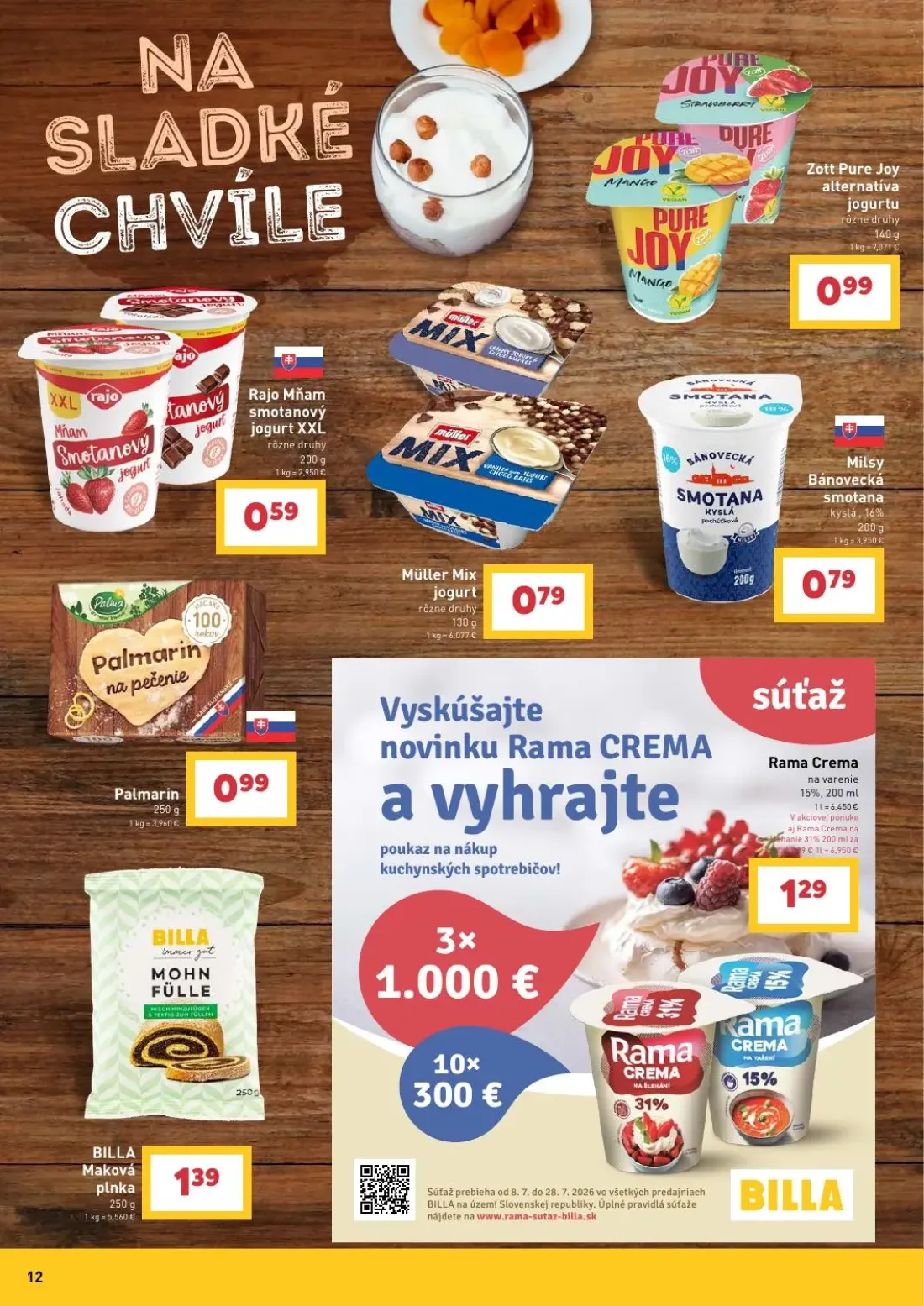Billa leták, strana 12 z 36 — Zott Pure Joy alternatíva jogurtu, Rajo Mňam smotanový jogurt XXL, Müller Mix jogurt