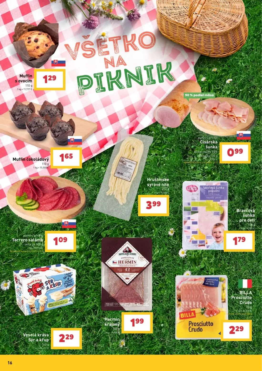 Billa leták, strana 16 z 36 — Muffin s ovocím, Muffin čokoládový, Cisárska šunka