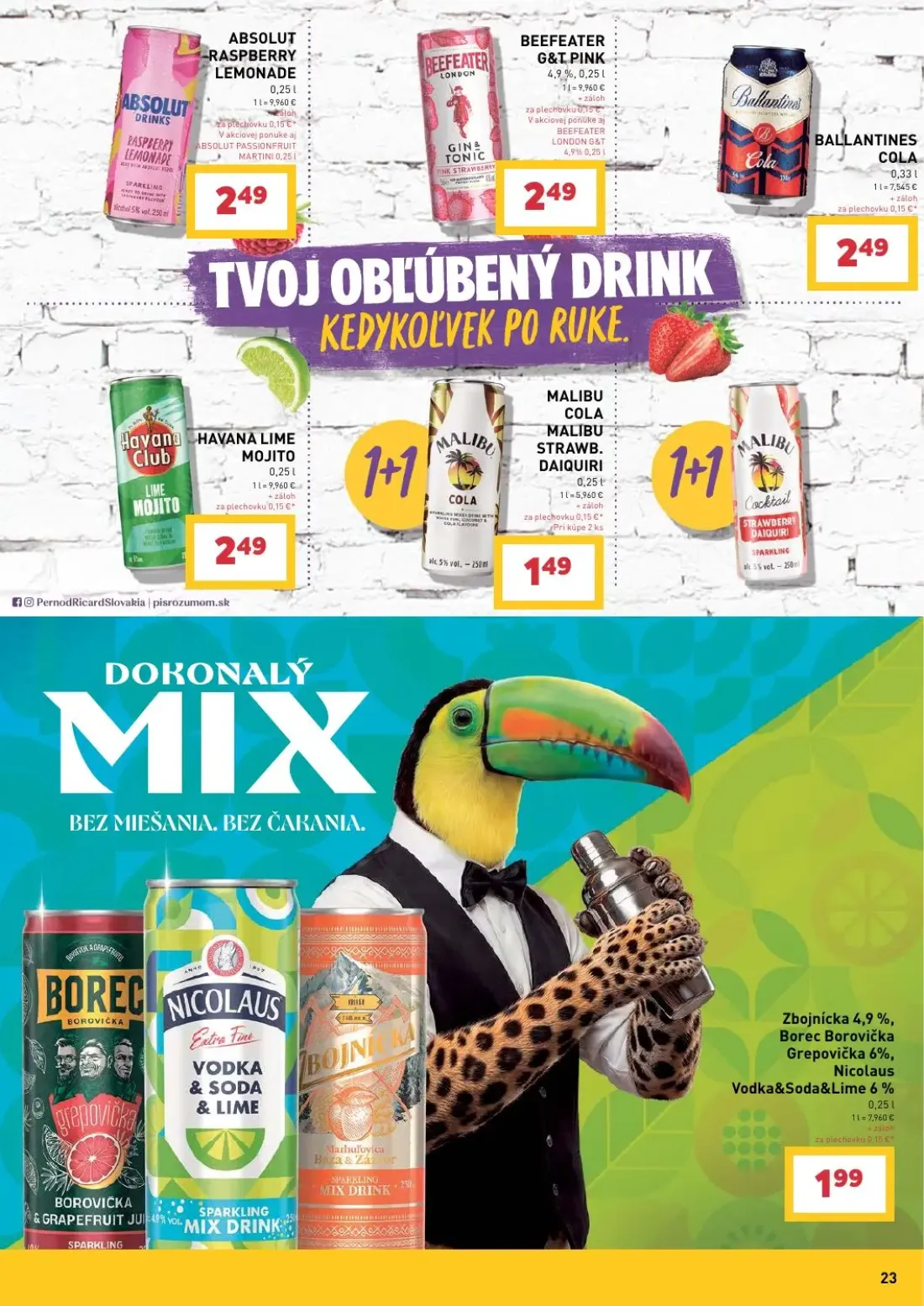 Billa leták, strana 23 z 36 — ABSOLUT RASPBERRY LEMONADE, BEEFEATER G&T PINK, BALLANTINES COLA