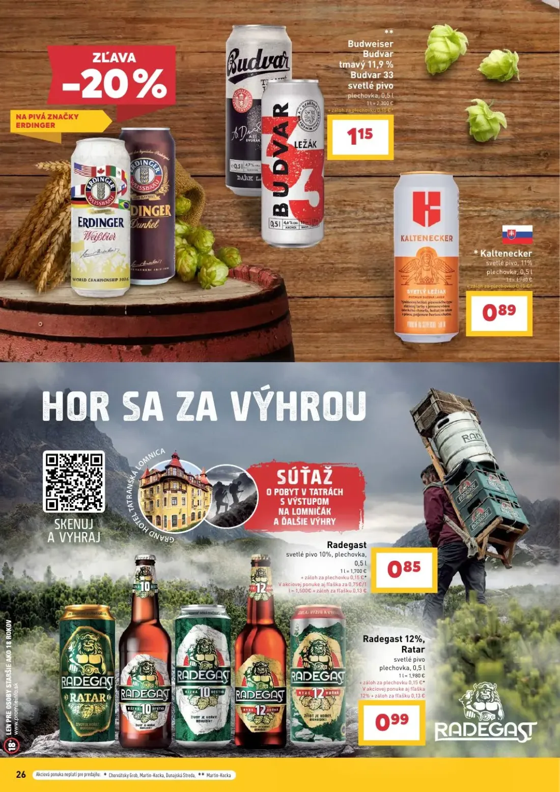 Billa leták, strana 26 z 36 — Budweiser Budvar tmavý 11,9%, Budvar 33 svetlé pivo, Kaltenecker svetlé pivo 11%