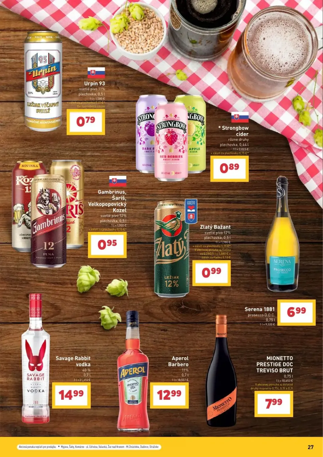 Billa leták, strana 27 z 36 — Urpin 93 svetlé pivo 11%, Strongbow cider, Gambrinus, Šariš, Velkopopovický Kozel svetlé pivo …
