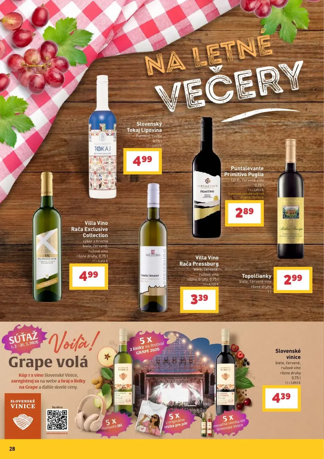Billa leták, strana 28 z 36 — Slovenský Tokaj Lipovina, Puntalevante Primitivo Puglia, Villa Vino Rača Exclusive Collection