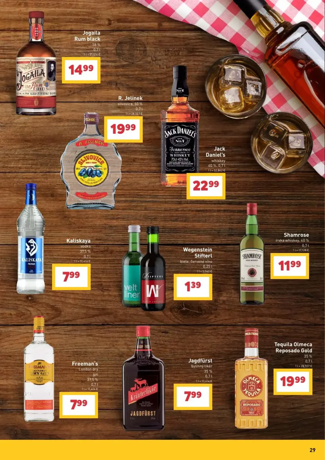 Billa leták, strana 29 z 36 — Jogaila Rum black, R. Jelínek slivovica, Jack Daniel's whiskey