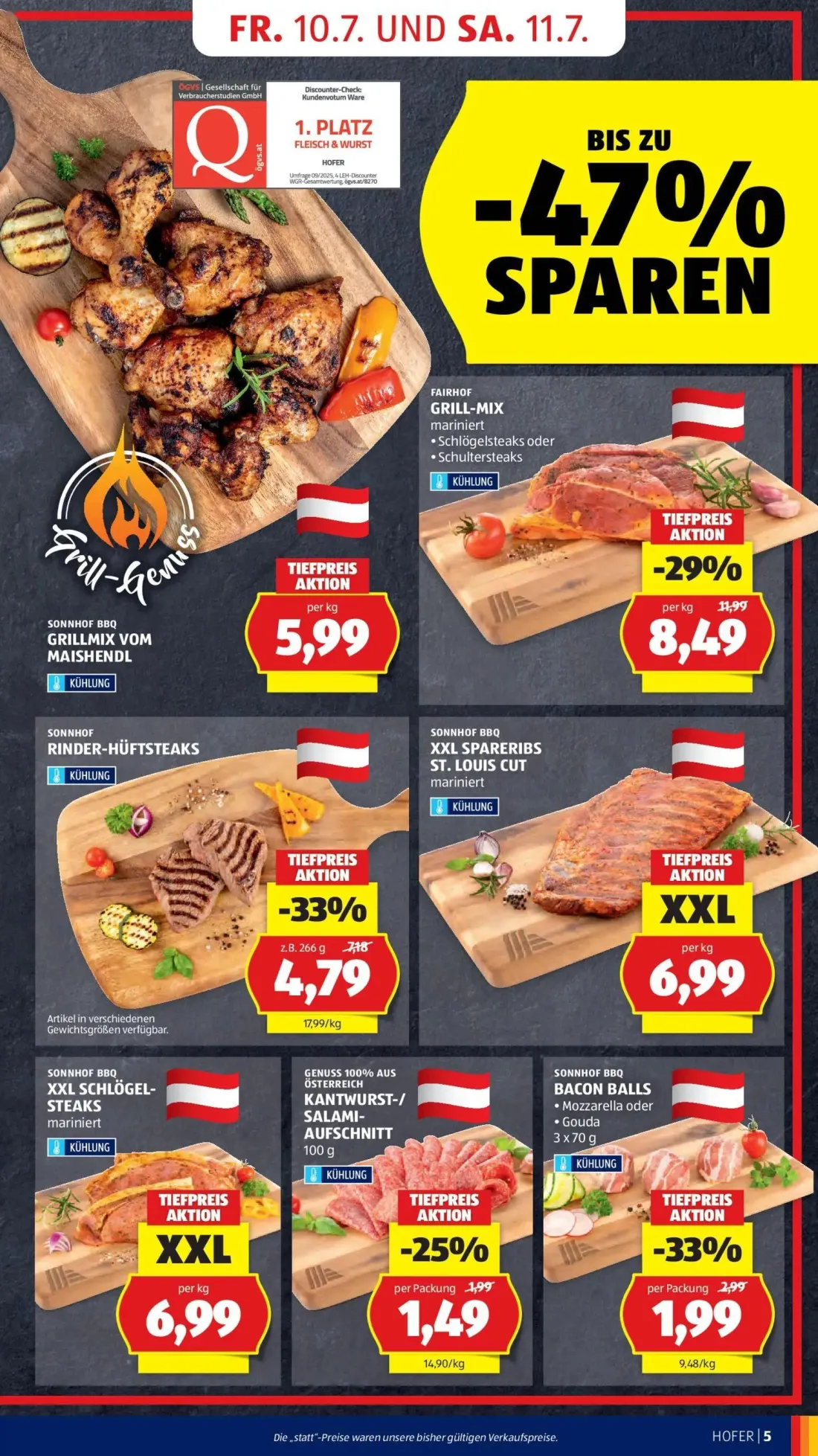 Hofer Prospekt, Seite 9 von 44 — FAIRHOF GRILL-MIX mariniert, SONNHOF RINDER-HÜFTSTEAKS, SONNHOF BBQ GRILLMIX VOM MAISHENDL