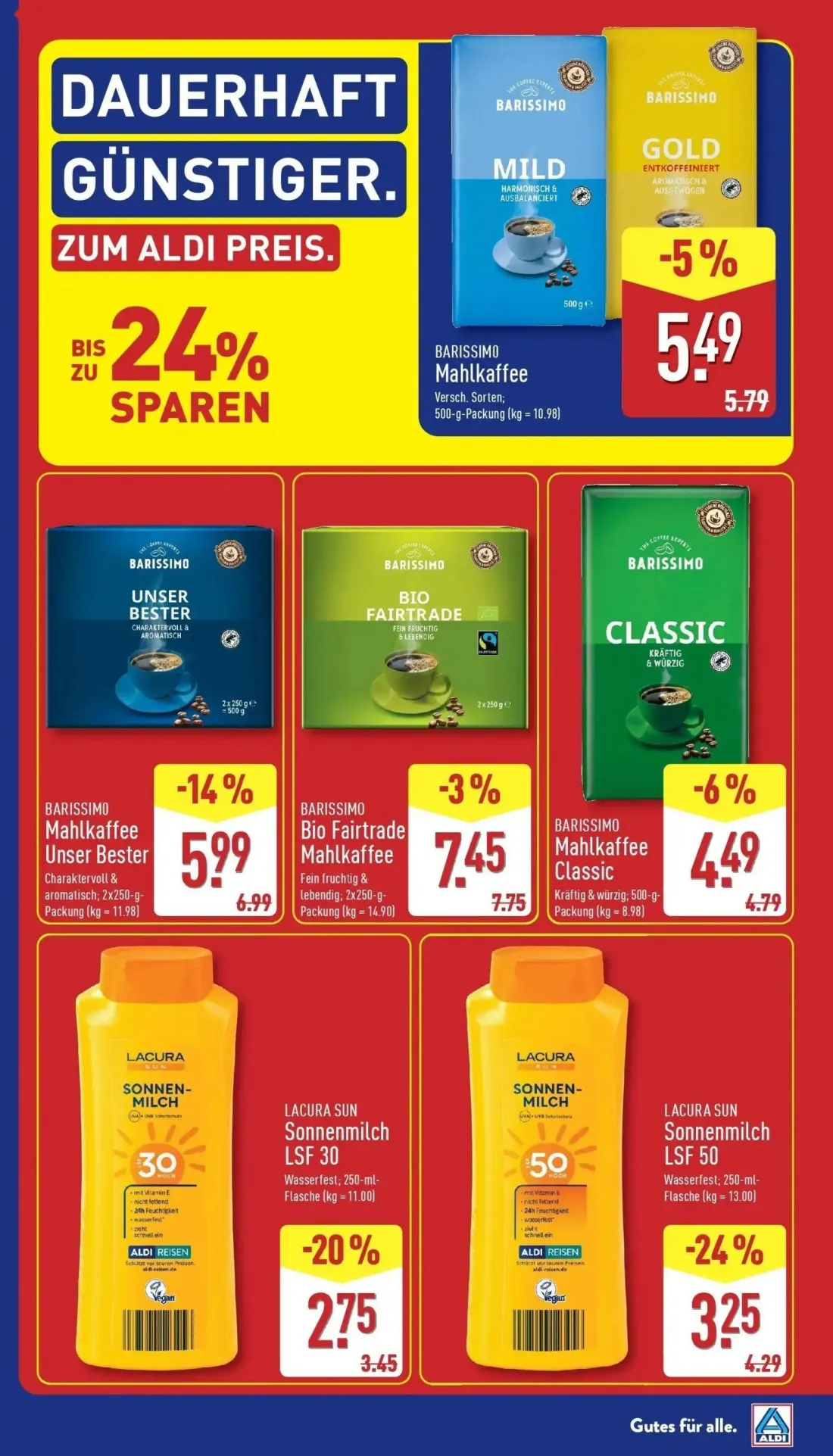 Aldi Nord Prospekt, Seite 5 von 41 — LACURA SUN Sonnenmilch LSF 50, BARISSIMO Mahlkaffee Unser Bester, LACURA SUN Sonnenmilc…