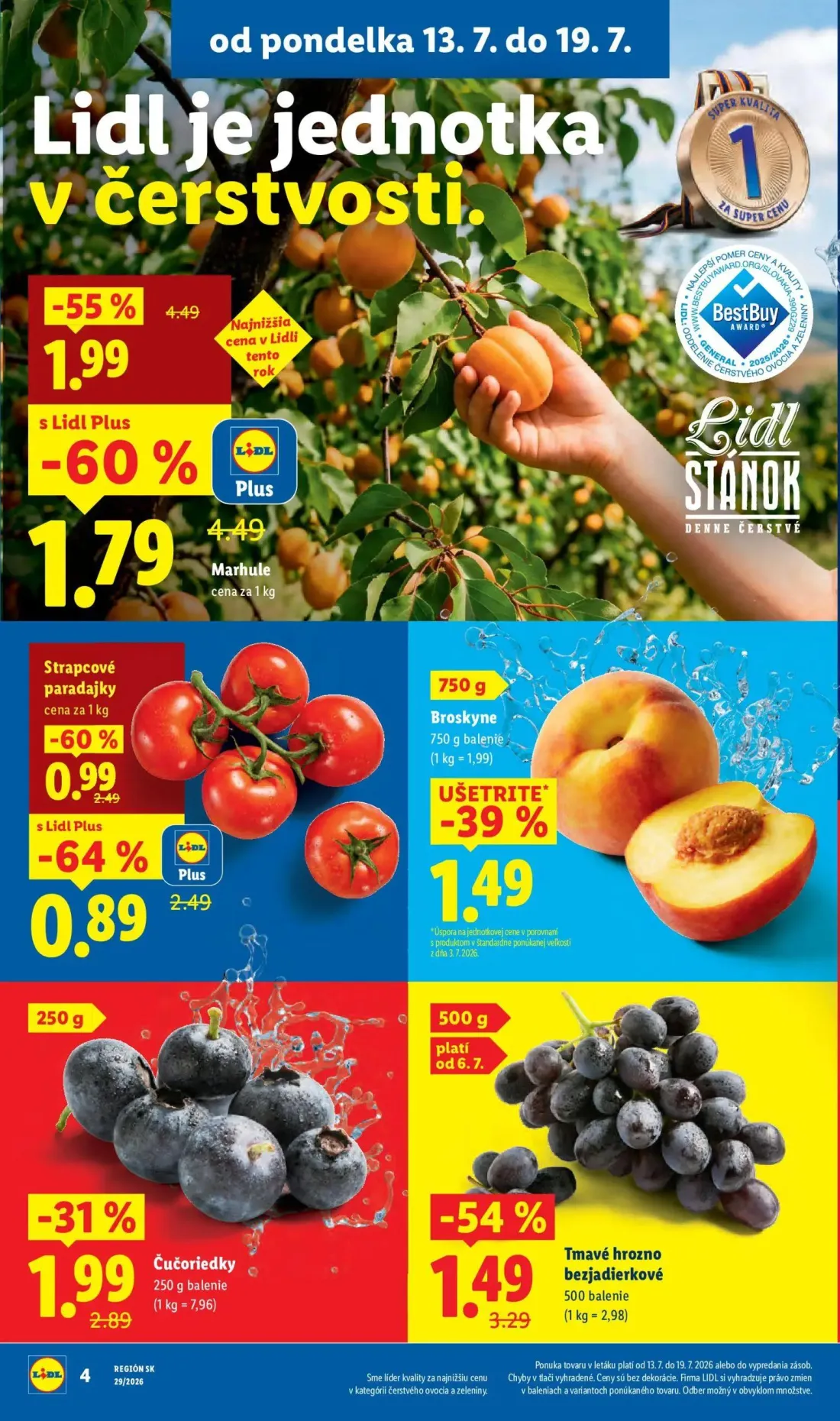 Lidl leták, strana 8 z 94 — Marhule, Tmavé hrozno bezjadierkové, Strapcové paradajky