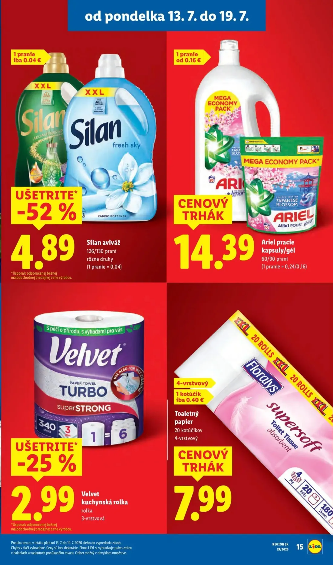 Lidl leták, strana 19 z 94 — Silan aviváž, Ariel pracie kapsuly/gél, Velvet kuchynská rolka