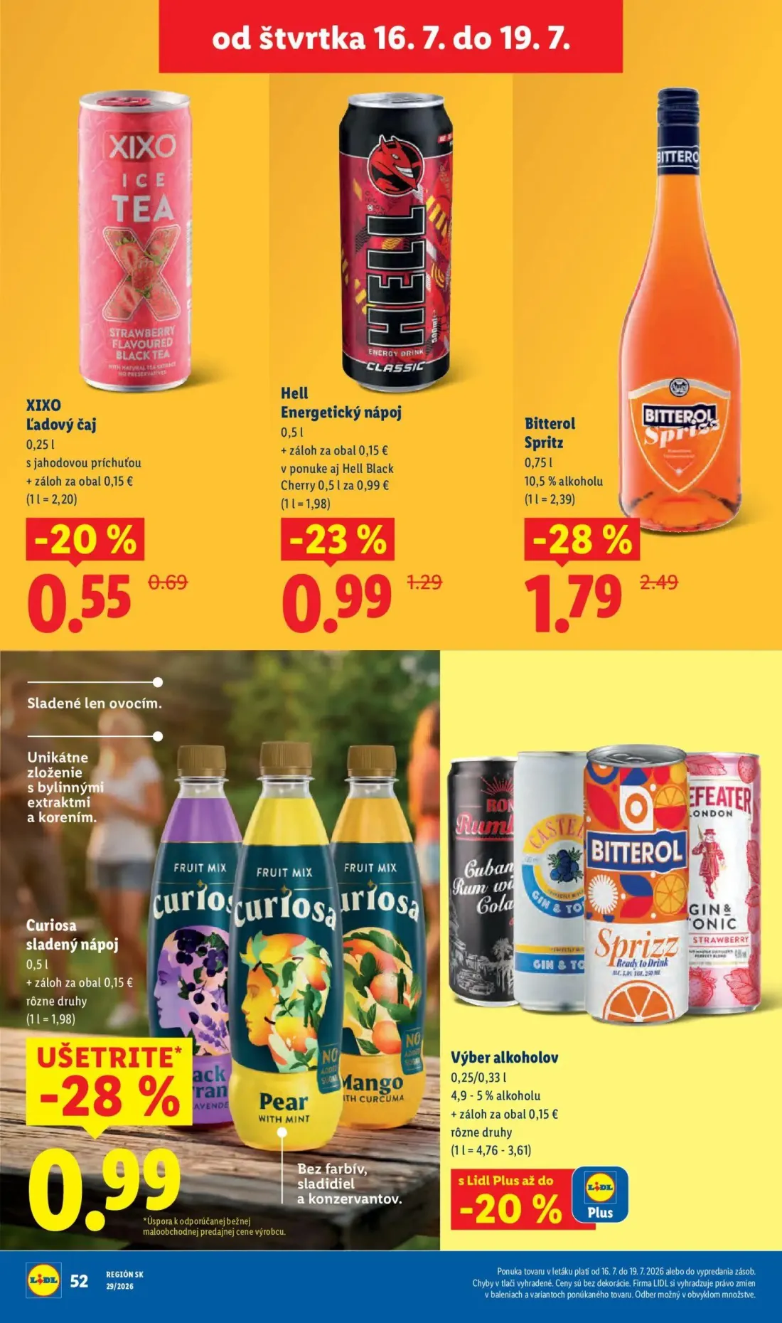 Lidl leták, strana 60 z 94 — Bitterol Spritz, Hell Energetický nápoj, XIXO Ľadový čaj