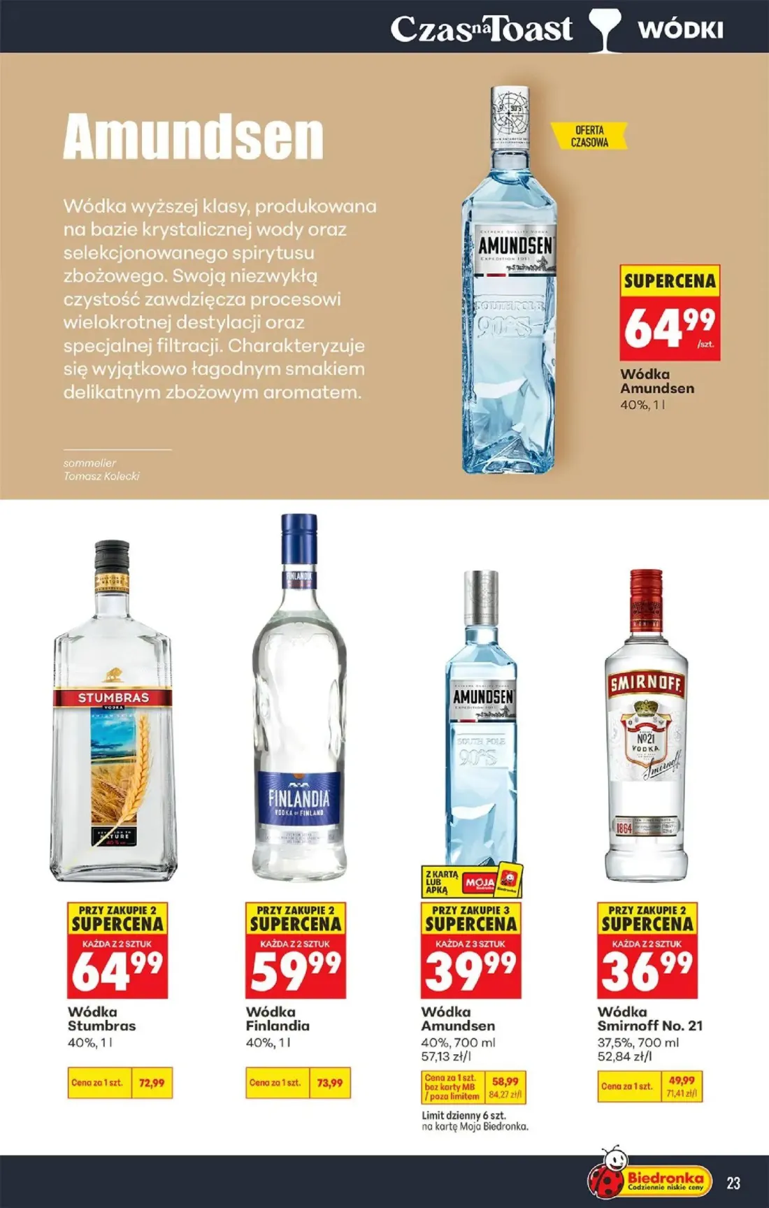 Biedronka gazetka, strona 23 z 36 — Wódka Amundsen, Wódka Finlandia, Wódka Smirnoff No. 21