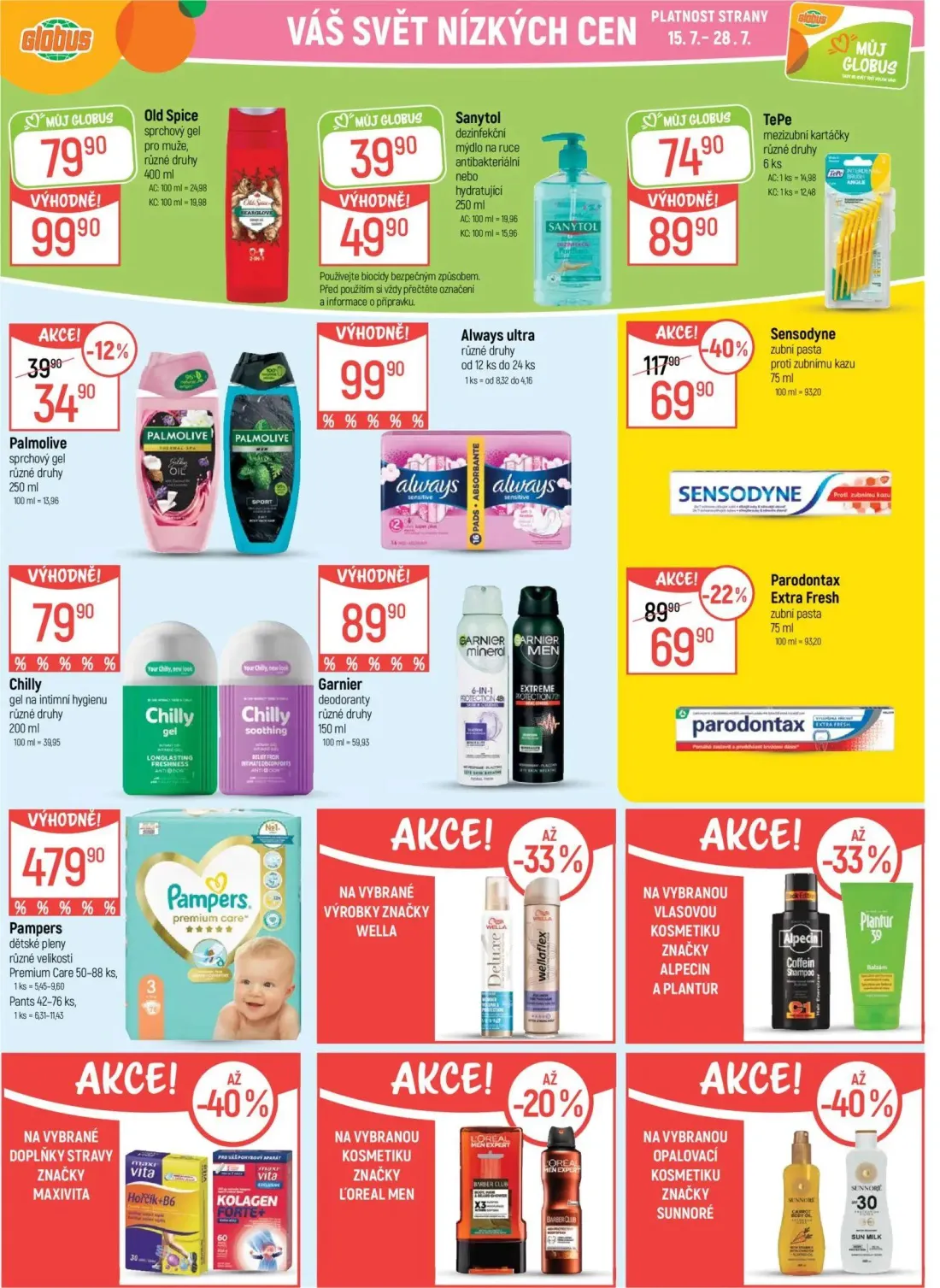 GLOBUS leták, strana 42 z 57 — Old Spice sprchový gel pro muže, různé druhy, Palmolive sprchový gel různé druhy, Garnier deo…