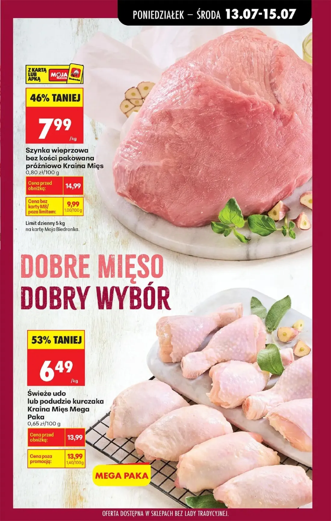 Biedronka gazetka, strona 39 z 88 — Świeże udo lub podudzie kurczaka Kraina Mięs Mega Paka, Szynka wieprzowa bez kości pakow…