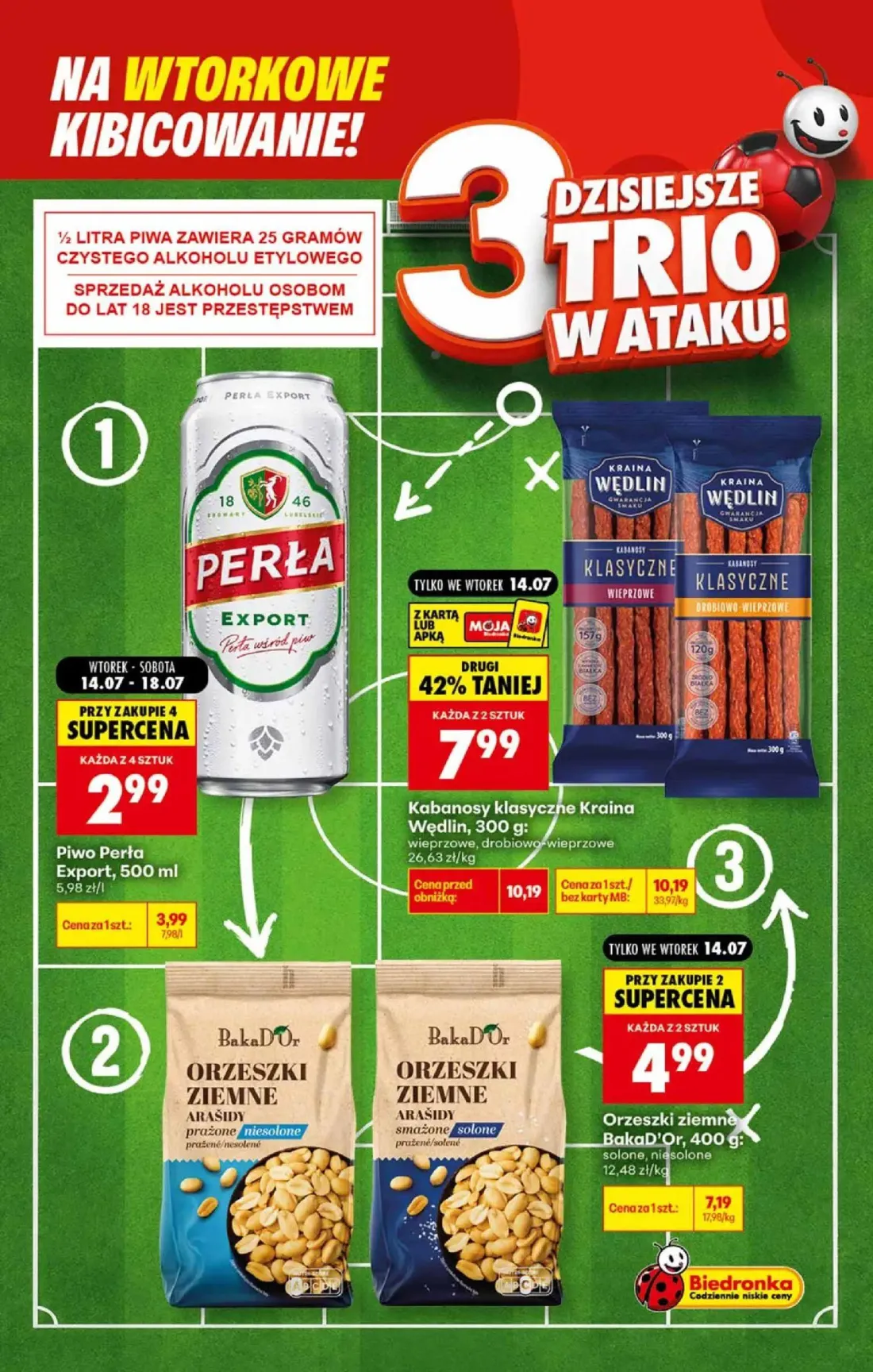 Biedronka gazetka, strona 3 z 6 — Kabanosy klasyczne Kraina Wędlin, Orzeszki ziemne BakaD'Or, Piwo Perła Export