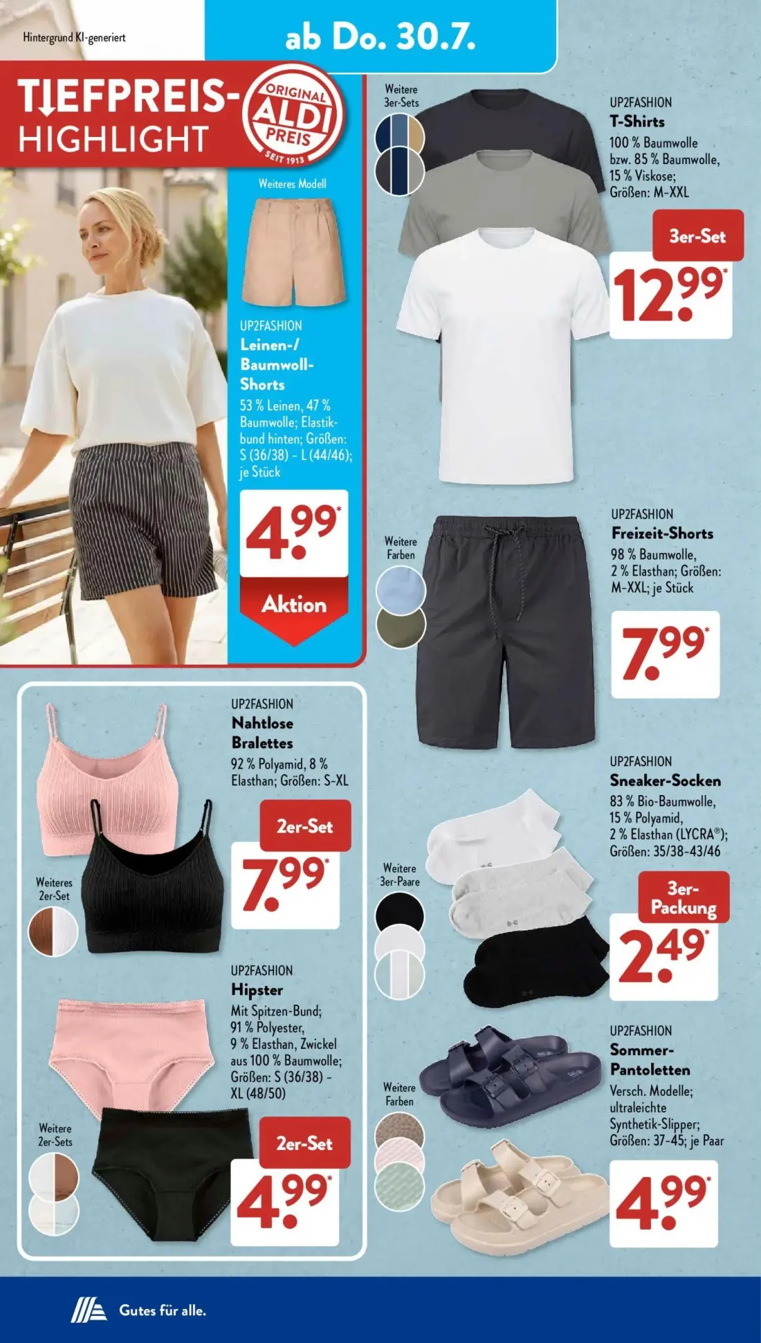 Aldi Süd Prospekt, Seite 7 von 22 — T-Shirts, Leinen-/ Baumwoll-Shorts, Freizeit-Shorts