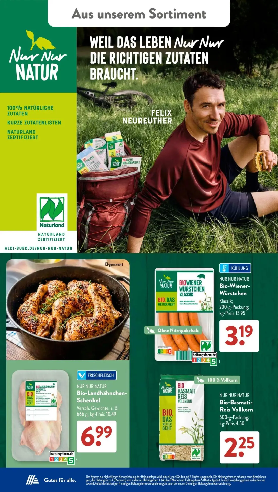 Aldi Süd Prospekt, Seite 15 von 22 — Nur Nur Natur Bio-Wiener-Würstchen, Nur Nur Natur Bio-Landhähnchen-Schenkel, Nur Nur Na…
