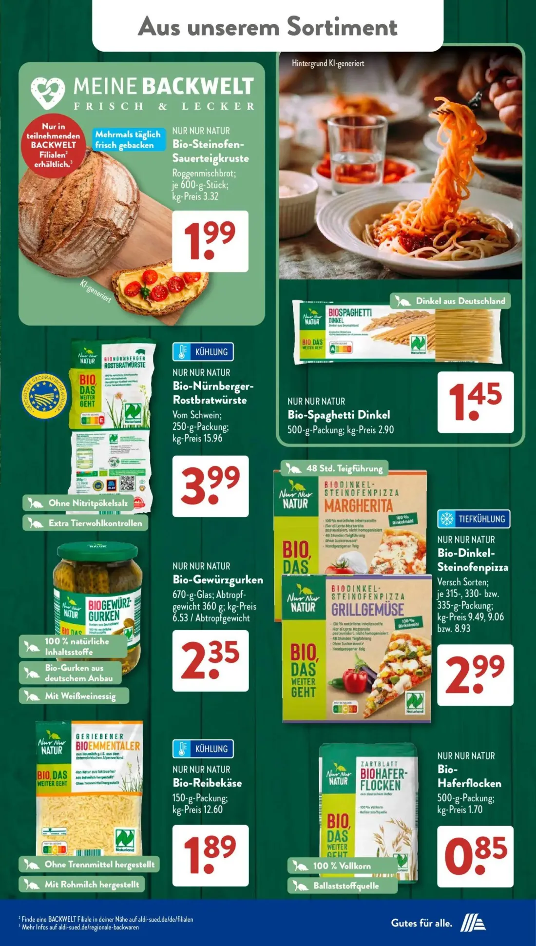 Aldi Süd Prospekt, Seite 16 von 22 — Bio-Steinofen-Sauerteigkruste, Bio-Spaghetti Dinkel, Bio-Nürnberger-Rostbratwürste