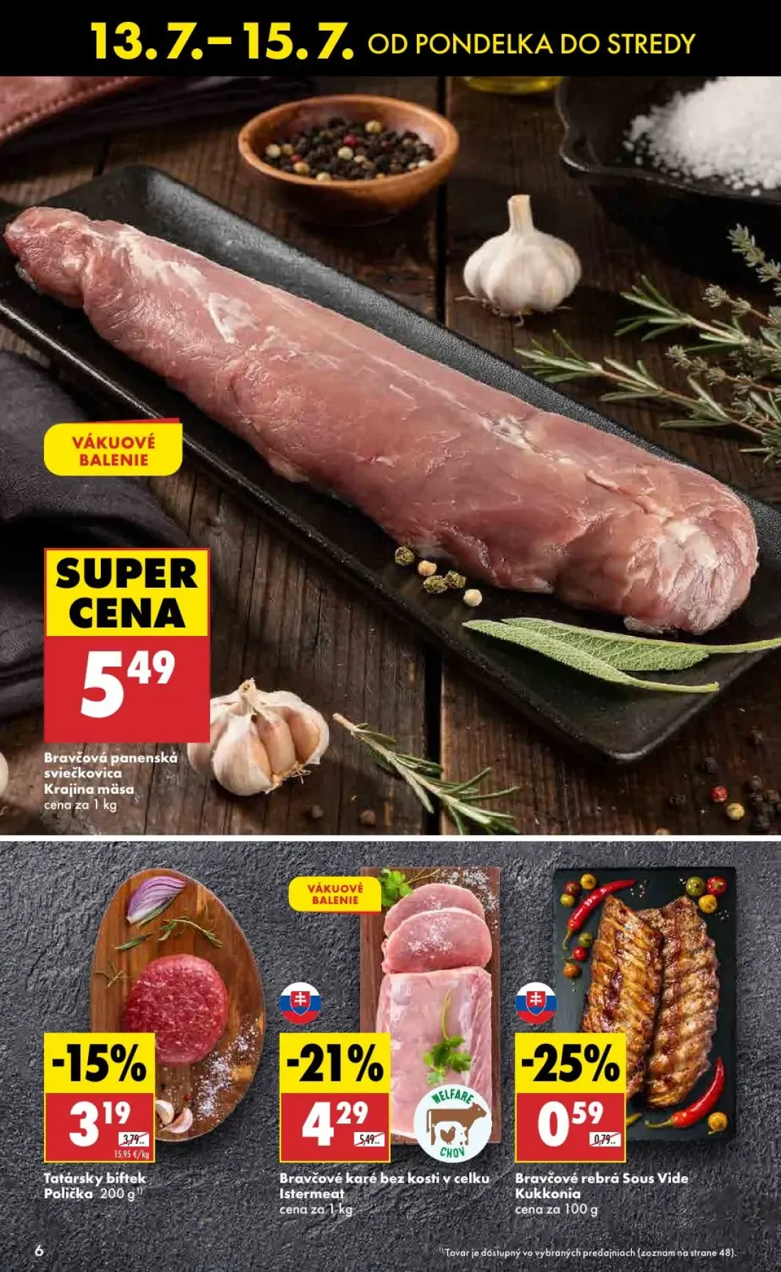 Biedronka leták, strana 6 z 10 — Bravčové karé bez kosti v celku Istermeat, Bravčové rebrá Sous Vide Kukkonia, Bravčová pane…
