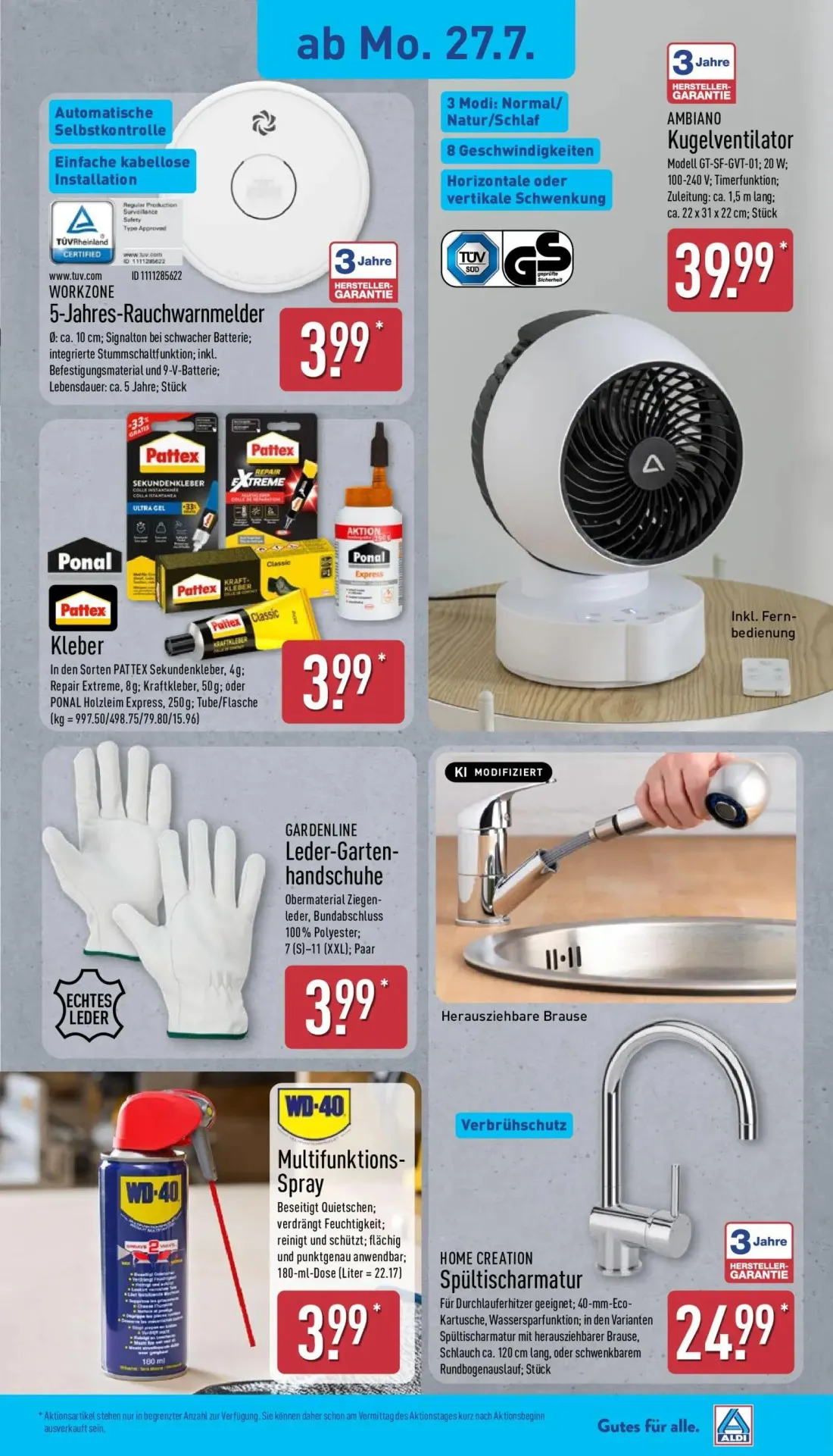 Aldi Nord Prospekt, Seite 5 von 15 — 5-Jahres-Rauchwarnmelder, AMBIANO Kugelventilator, Kleber