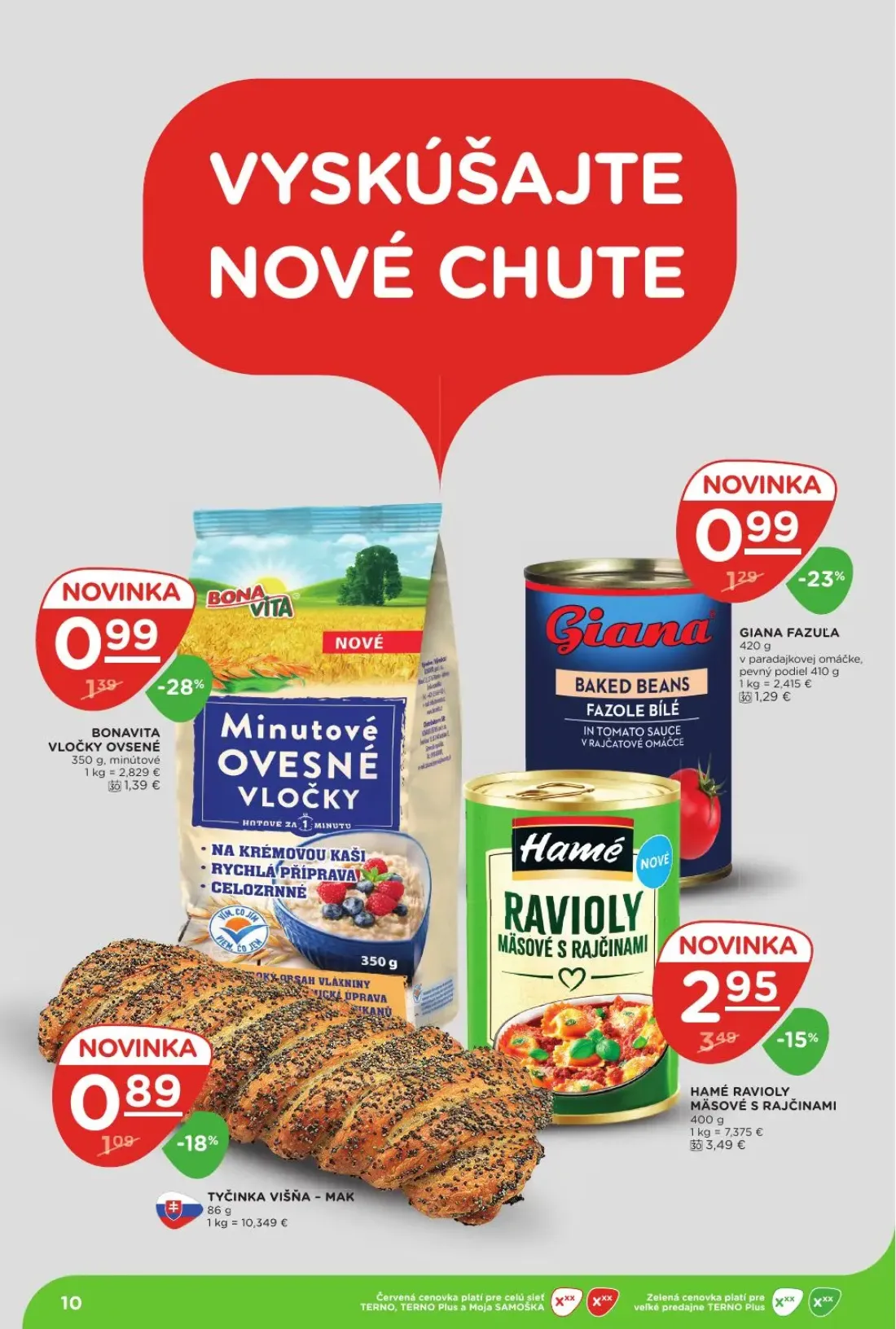 Terno leták, strana 10 z 29 — HAMÉ RAVIOLY MÄSOVÉ S RAJČINAMI, BONAVITA VLOČKY OVSENÉ, GIANA FAZUĽA