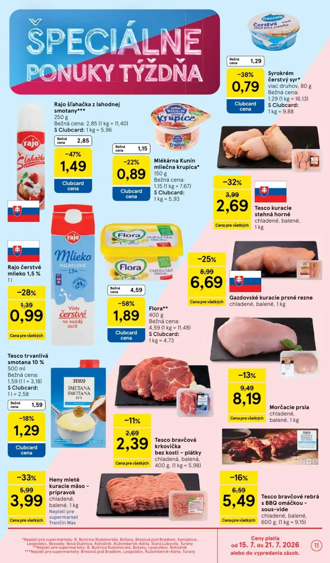 Tesco Supermarket leták, strana 11 z 33 — Rajo šľahačka z lahodnej smotany, Rajo čerstvé mlieko 1,5%
