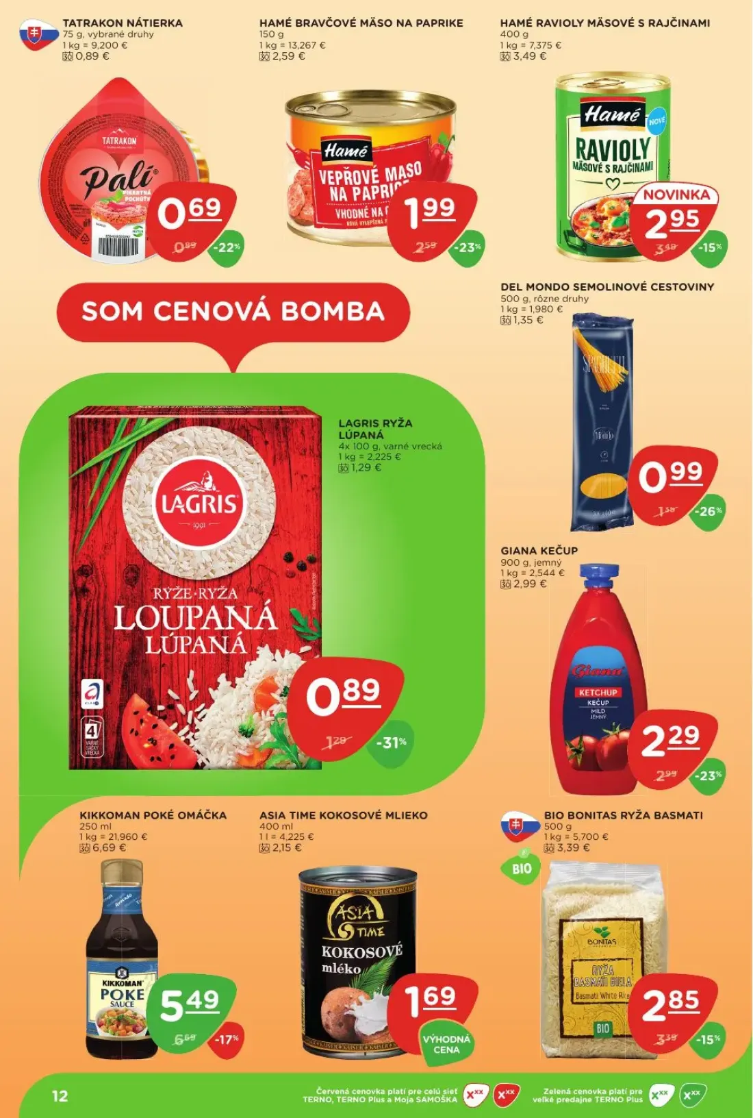 Terno leták, strana 12 z 29 — KIKKOMAN POKÉ OMÁČKA, GIANA KEČUP, HAMÉ BRAVČOVÉ MÄSO NA PAPRIKE