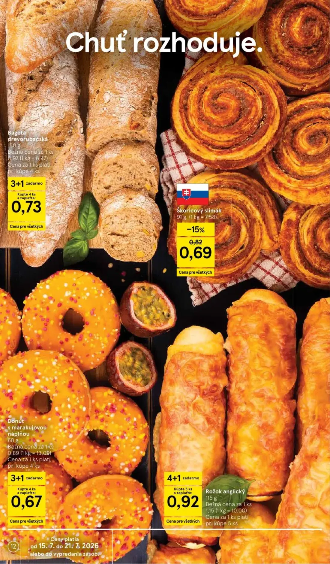 Tesco Supermarket leták, strana 12 z 33 — Bageta drevorubačská, Rožok anglický, Donut s marakujovou náplňou
