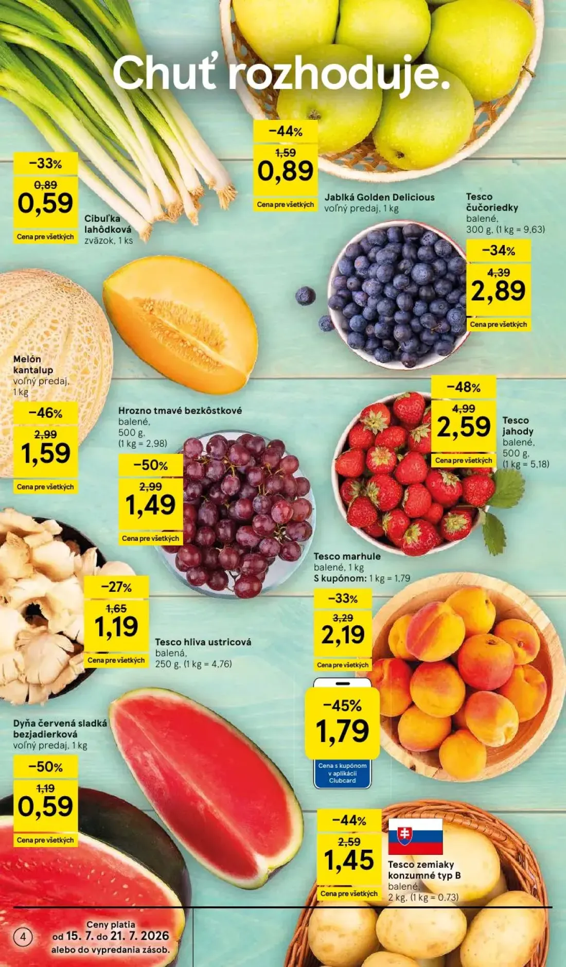 Tesco leták, strana 4 z 52 — Tesco jahody balené, Tesco hliva ustricová balená, Tesco marhule balené