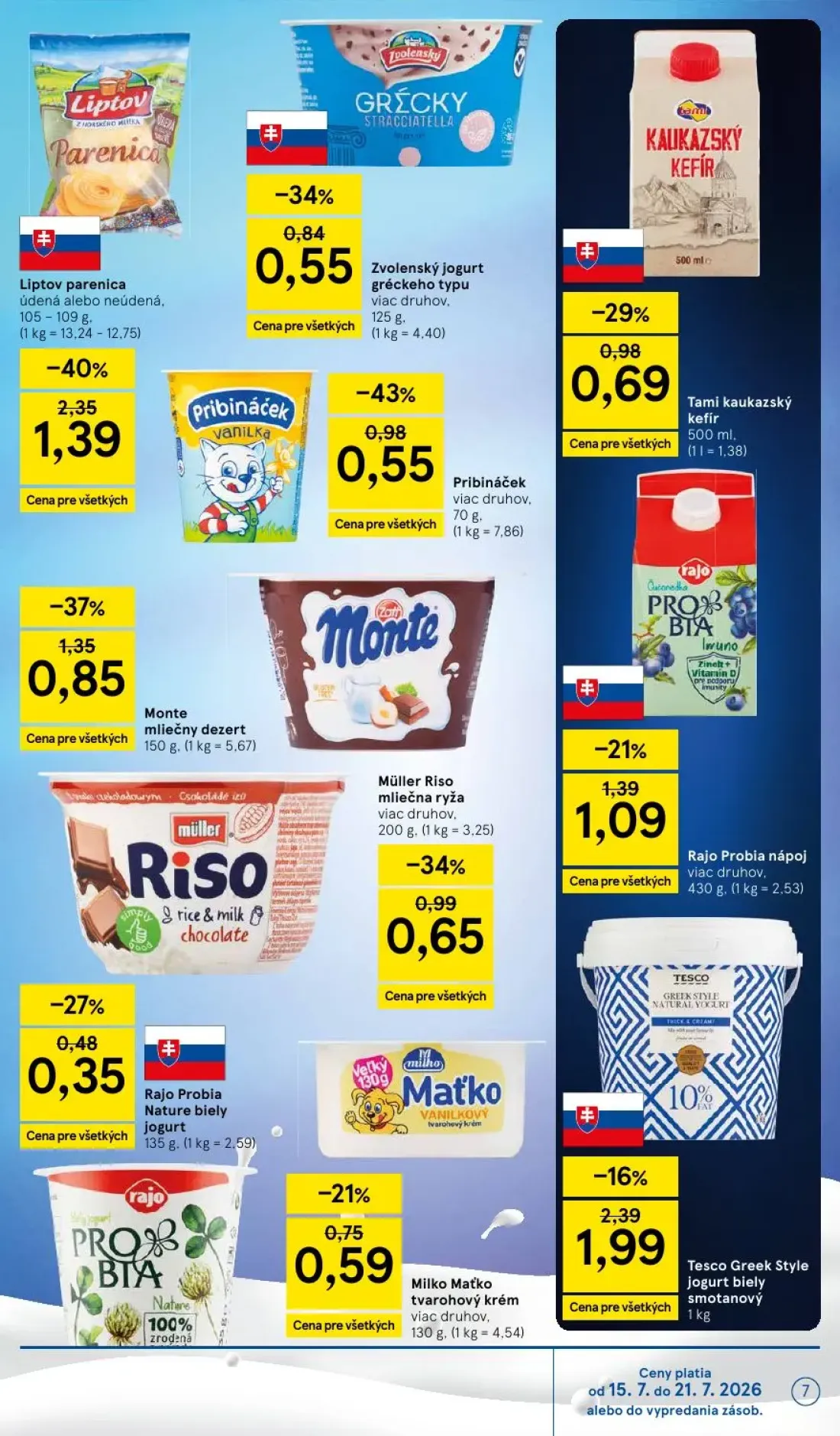 Tesco leták, strana 7 z 52 — Tami kaukazský kefír, Tesco Greek Style jogurt biely smotanový, Zvolenský jogurt gréckeho typu
