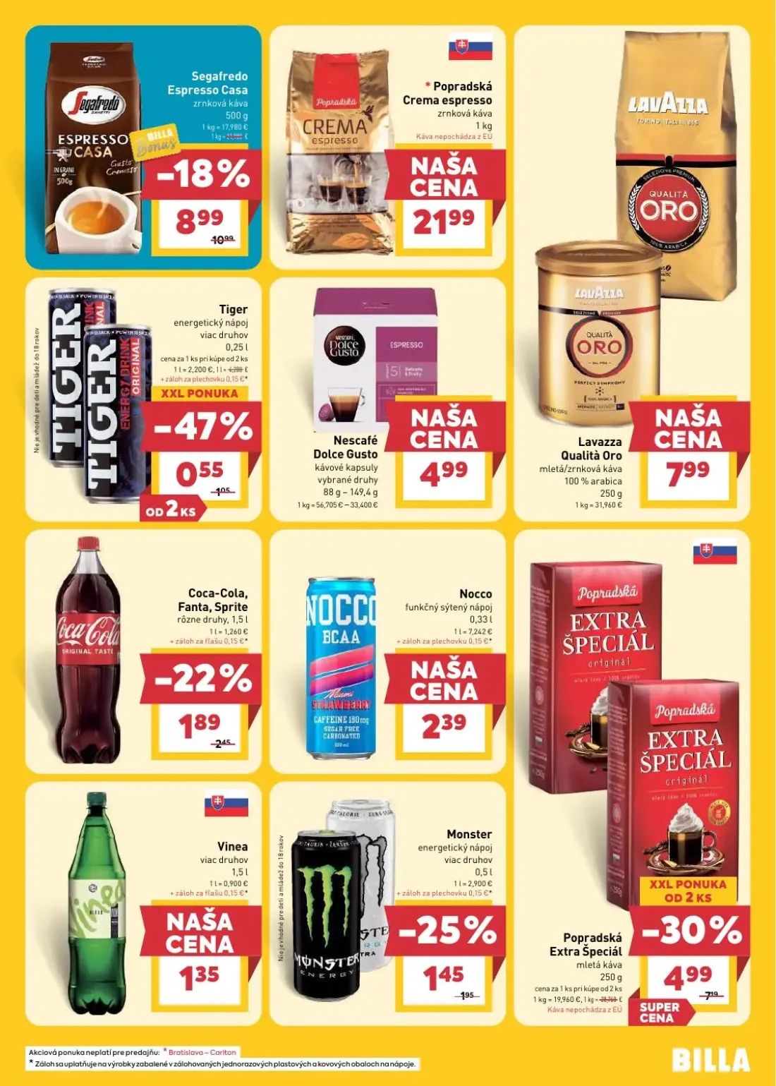 Billa leták, strana 19 z 30 — Coca-Cola, Fanta, Sprite rôzne druhy, Monster energetický nápoj viac druhov, Vinea viac druhov