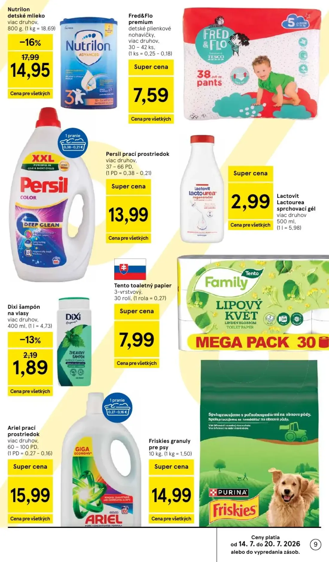 Tesco leták, strana 9 z 52 — Nutrilon detské mlieko viac druhov., Fred&Flo premium detské plienkové nohavičky, Persil prací …