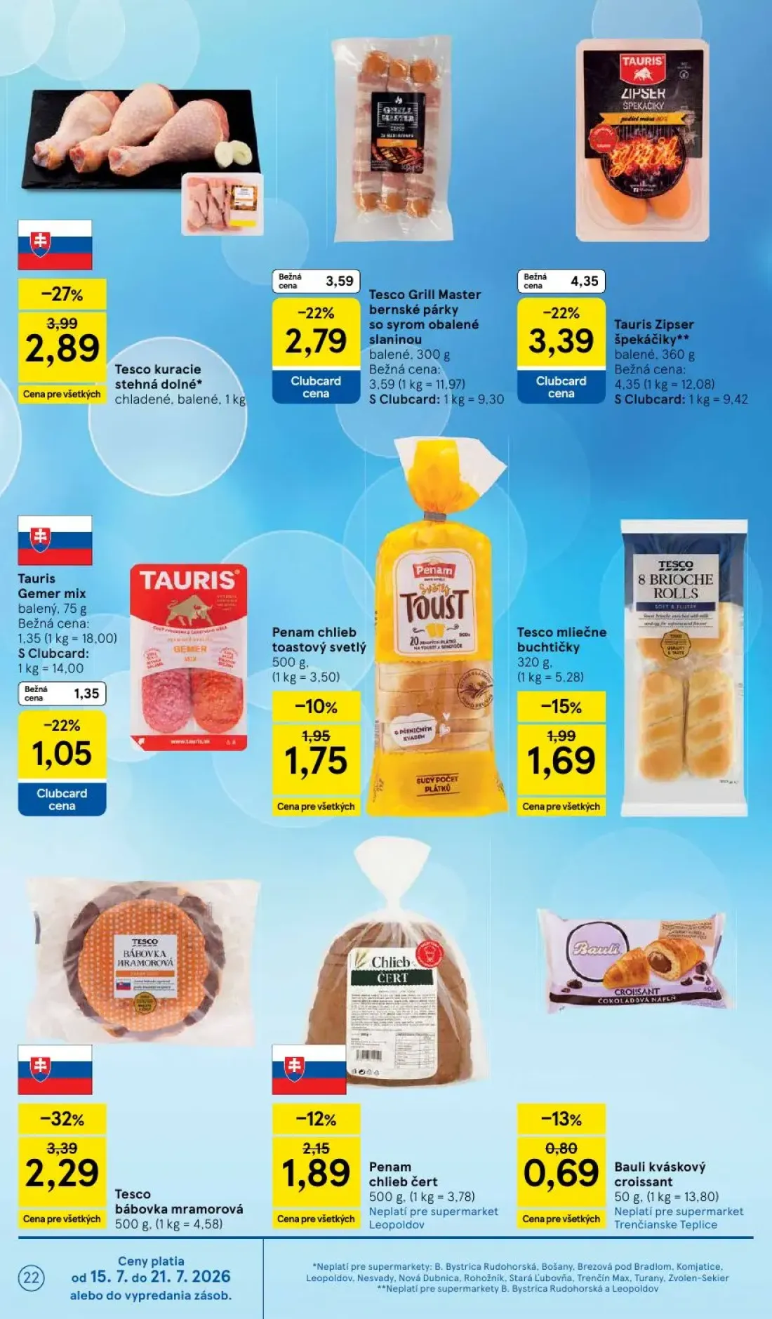 Tesco Supermarket leták, strana 22 z 33 — Tesco bábovka mramorová, Tesco mliečne buchtičky, Penam chlieb čert