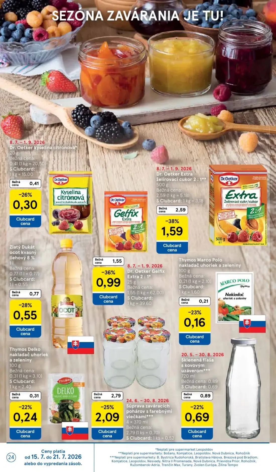 Tesco Supermarket leták, strana 24 z 33 — Zlatý Dukát ocot kvasný liehový 8%, Dr. Oetker Extra želírovací cukor 2:1, Súprava…